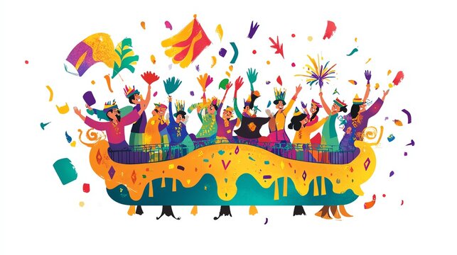 a 2D cartoon illustration of a parade float with people waving during Mardi Gras, colorful and lively, white background--ar 16:9