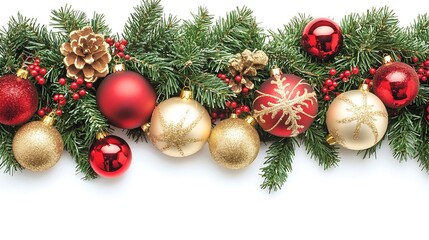 A festive arrangement of Christmas ornaments and pine branches.