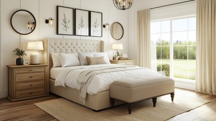 Cozy and Elegant Modern Bedroom Interior with Natural Light and Neutral Tones Featuring Plush Bedding, Decorative Accents, and Stylish Furniture Elements