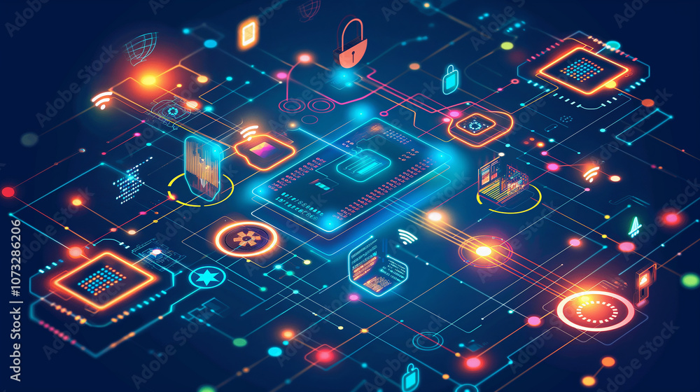 Poster holographic digital interface with layers of code, data graphs, and cyber security symbols, floating