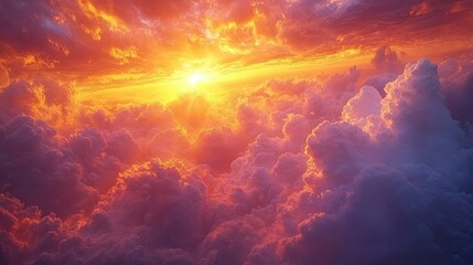 Fototapeta premium A stunning sunset over a sea of clouds, with the sun shining brightly through the clouds and casting a warm glow over the landscape.