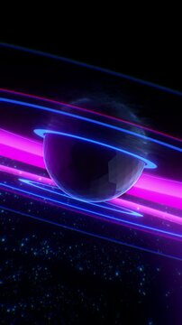 A rotating sweeping landscape reflecting a central black spheroid that is emitting pulsating circular shapes representative of a frequency or audio waves.