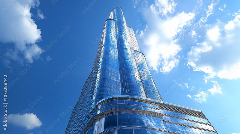 Aufkleber a low angle view of a modern glass skyscraper reaching towards a bright blue sky with white clouds.