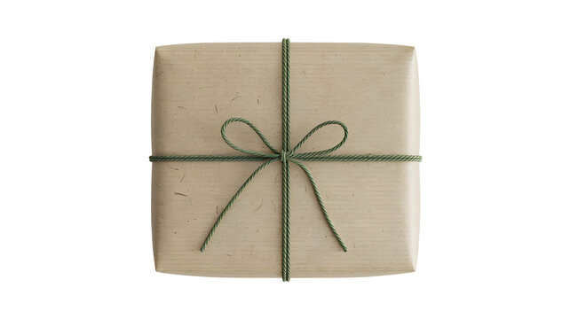 A simple rectangular gift box wrapped in natural kraft paper, tied with a decorative green twine or string in a loose bow. PNG background.