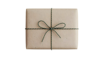 A simple rectangular gift box wrapped in natural kraft paper, tied with a decorative green twine or string in a loose bow. PNG background.