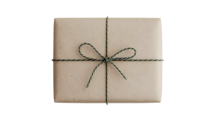A simple rectangular gift box wrapped in natural kraft paper, tied with a decorative green twine or string in a loose bow. PNG background.