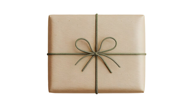 A simple rectangular gift box wrapped in natural kraft paper, tied with a decorative green twine or string in a loose bow. PNG background.