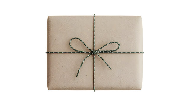 A simple rectangular gift box wrapped in natural kraft paper, tied with a decorative green twine or string in a loose bow. PNG background.