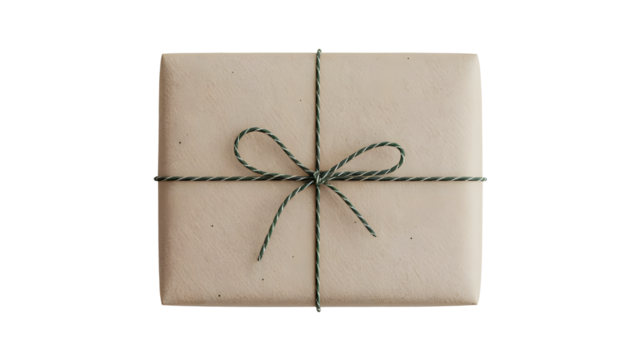 A simple rectangular gift box wrapped in natural kraft paper, tied with a decorative green twine or string in a loose bow. PNG background.