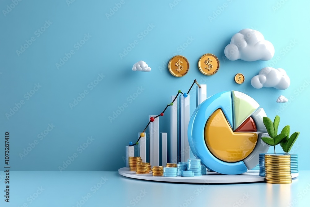 Aufkleber a 3d model of a pie chart, bar chart, and line graph floating together in a virtual data landscape