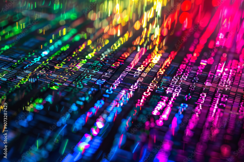 Poster a colorful image of a computer screen with a lot of numbers and letters