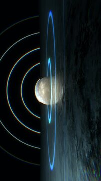 A rotating sweeping landscape reflecting a central moon spheroid that is emitting pulsating circular shapes representative of a frequency or audio waves.