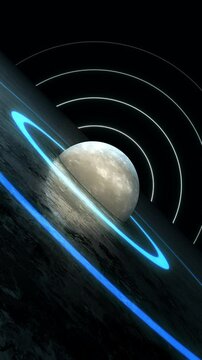 A rotating sweeping landscape reflecting a central moon spheroid that is emitting pulsating circular shapes representative of a frequency or audio waves.