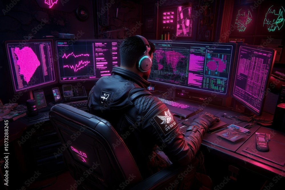Poster a cyberpunk data hub with neon-colored charts, holograms, and a data analyst surrounded by futuristi