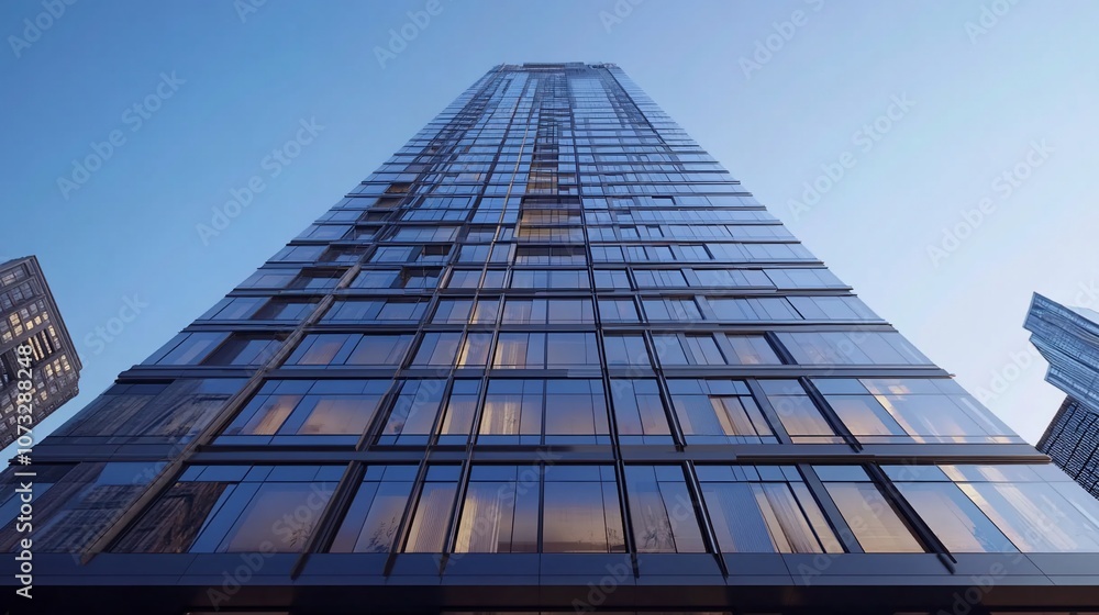 Poster a low angle view of a modern skyscraper against a clear blue sky.
