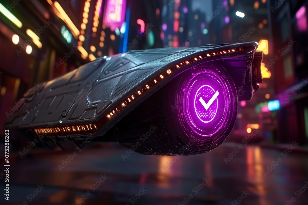 Poster a cyberpunk email inbox with neon icons and holographic messages in a dark, futuristic city setting