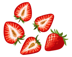 Fresh strawberry slices vector design. Strawberry with half slices falling or floating in the air with green leaves isolated on a clean white backdrop. Flat vector illustration. Healthy lifestyle