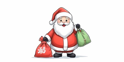Cheerful Santa Claus with a sack of colorful gifts standing against a light background, New Year