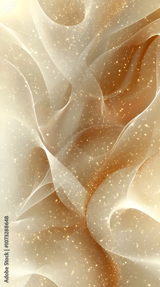 Poster an abstract digital artwork featuring elegant swirls of soft golden hues and delicate sparkling part