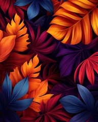 A vibrant arrangement of colorful leaves in shades of orange, purple, and blue, creating a lush and tropical aesthetic.