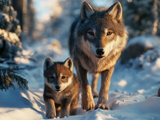 Obraz premium Mother Wolf and Cub on a Snowy Path