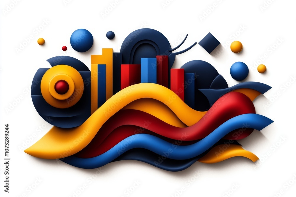 Poster a flat, colorful illustration of a bar graph and pie chart with playful lines, on a clean white back