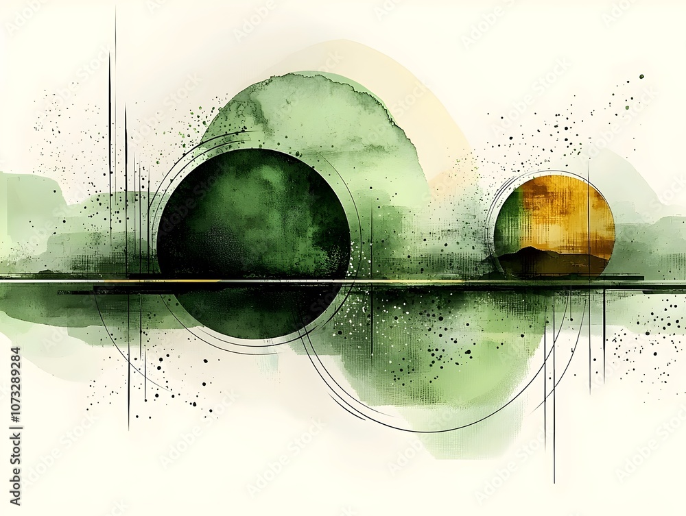 Poster a modern abstract artwork featuring green and golden circles with subtle textures and lines, creatin