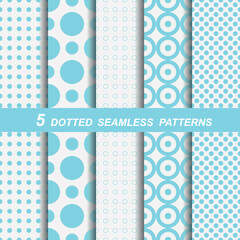5 dotted seamless patterns. White and blue background texture
