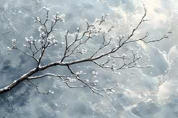 Obraz premium A serene winter scene featuring a delicate branch with snow-covered buds against a soft, icy blue background, evoking a peaceful, tranquil atmosphere.