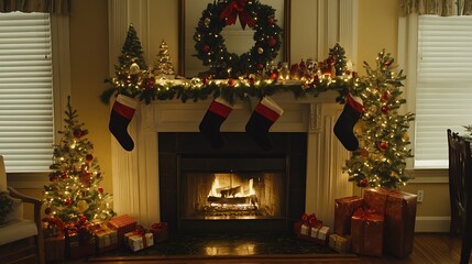 A cozy holiday scene featuring a decorated fireplace with stockings, trees, and gifts.