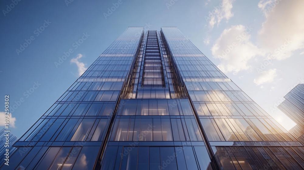 Poster a low angle view of a modern skyscraper with glass facade against a blue sky with white clouds.