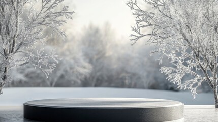 Gray pedestal of free space for your decoration and winter landscape with snow and frost. with generative ai