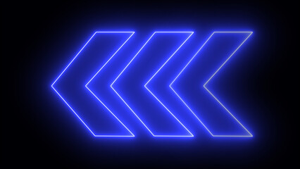 Blue neon swipe arrow pointing to left and moving on black background. glowing left directional traffic arrows transitional arrow navigation