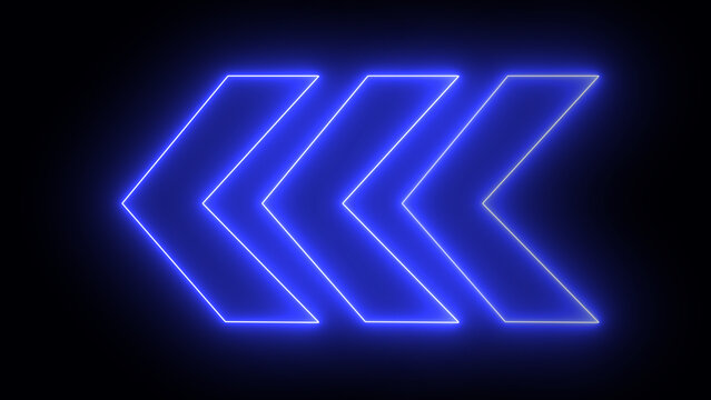 Blue neon swipe arrow pointing to left and moving on black background. glowing left directional traffic arrows transitional arrow navigation