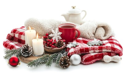 A cozy winter scene with candles, a mug, and festive decorations.