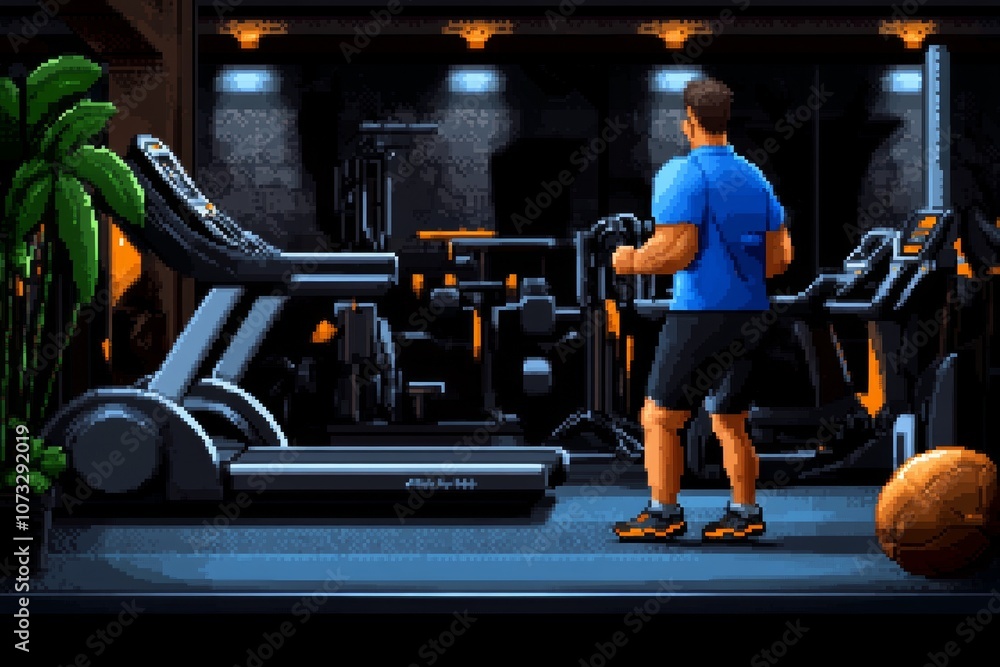 Poster A pixel art representation of a gym with tiny characters lifting weights and running on treadmills, in a retro game style