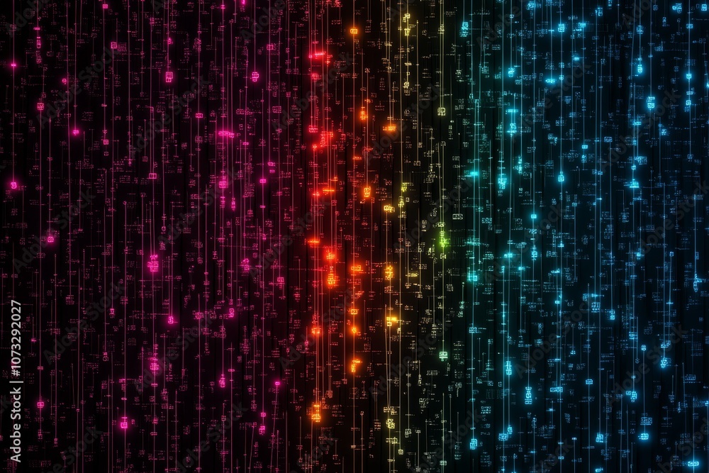 Fototapete A pixel art representation of a data network with tiny, colorful data nodes and connecting lines, resembling a retro video game