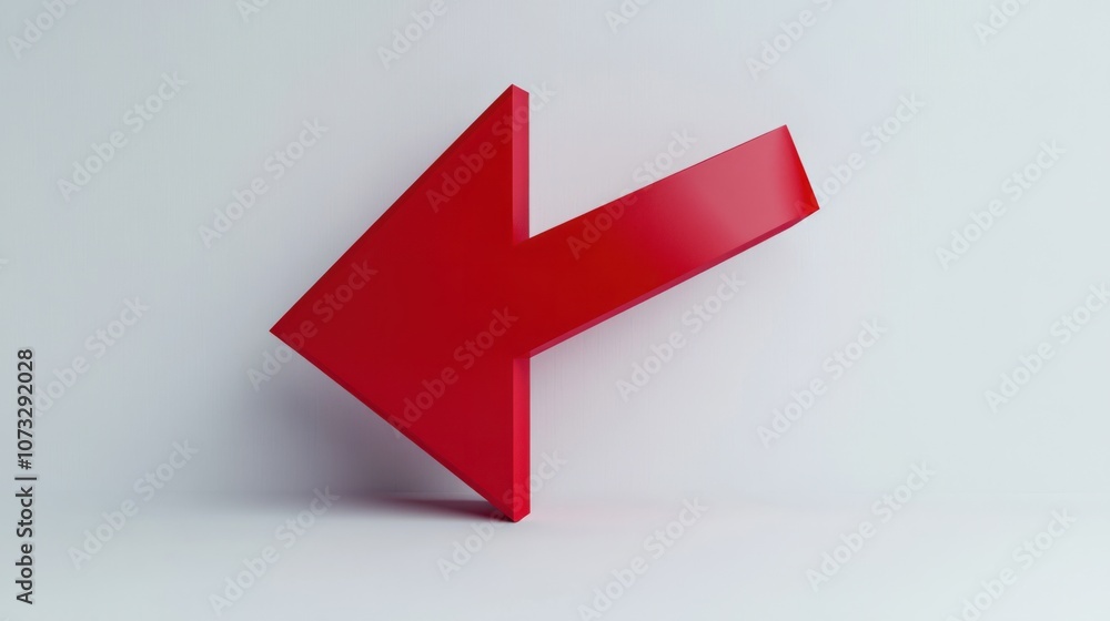 Poster bold red arrow pointing left, isolated on white background, representing return