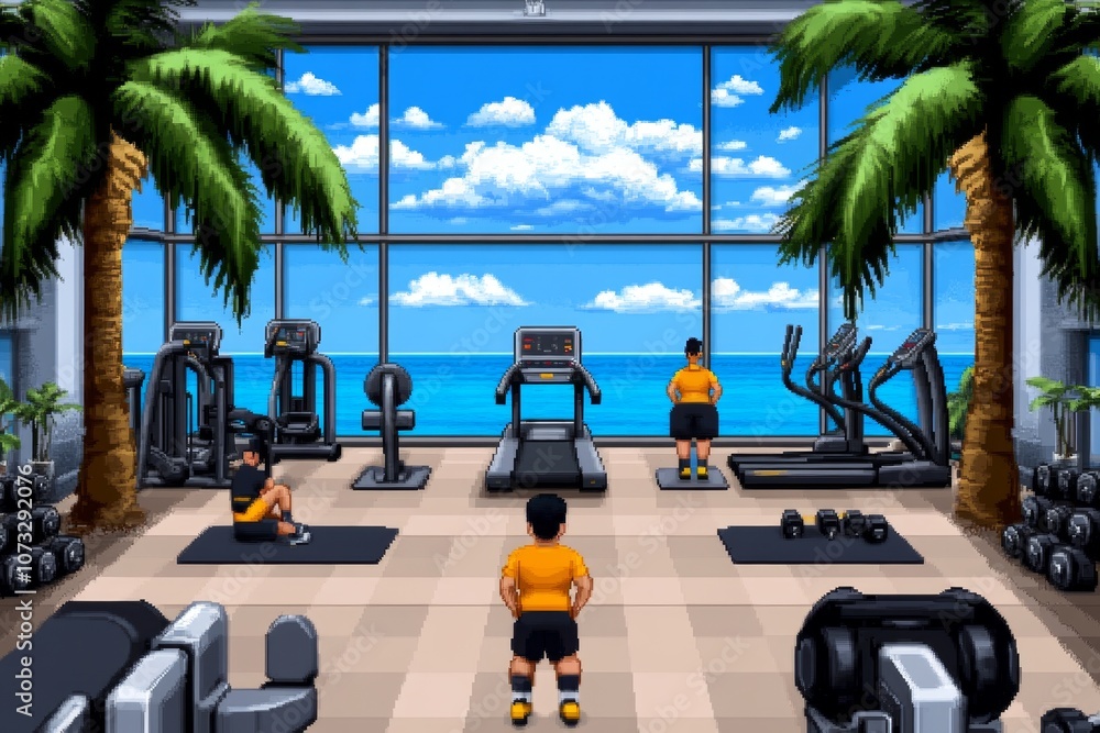 Poster a pixel art representation of a gym with tiny characters lifting weights, running on treadmills, and