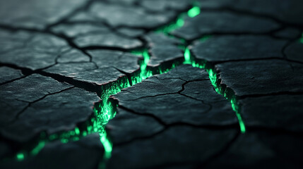 A close-up view of cracked earth illuminated by green light, showcasing environmental change.