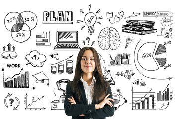 A woman in business attire with crossed arms, in front of hand-drawn business charts, graphs, and...