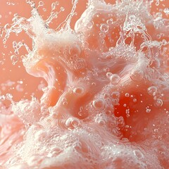 An abstract close-up of a vibrant pink bubble texture, showcasing dynamic water splashes, creating a lively and refreshing atmosphere filled with energy.