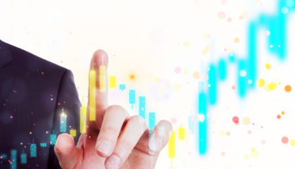 Businessperson pointing at a financial graph in a digital environment on a light background, symbolizing growth and technology. 3D Rendering