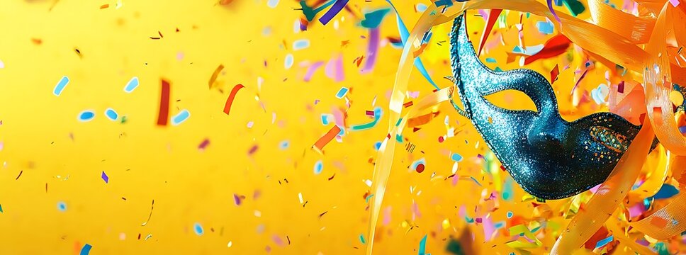 A vibrant yellow background with confetti, streamers, and ribbons - Powered by Adobe