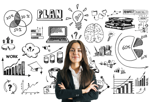 A woman in business attire with crossed arms, in front of hand-drawn business charts, graphs, and icons on a white background. Concept of planning. 3D Rendering.
