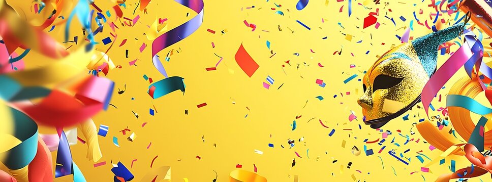 A vibrant yellow background with confetti, streamers, and ribbons