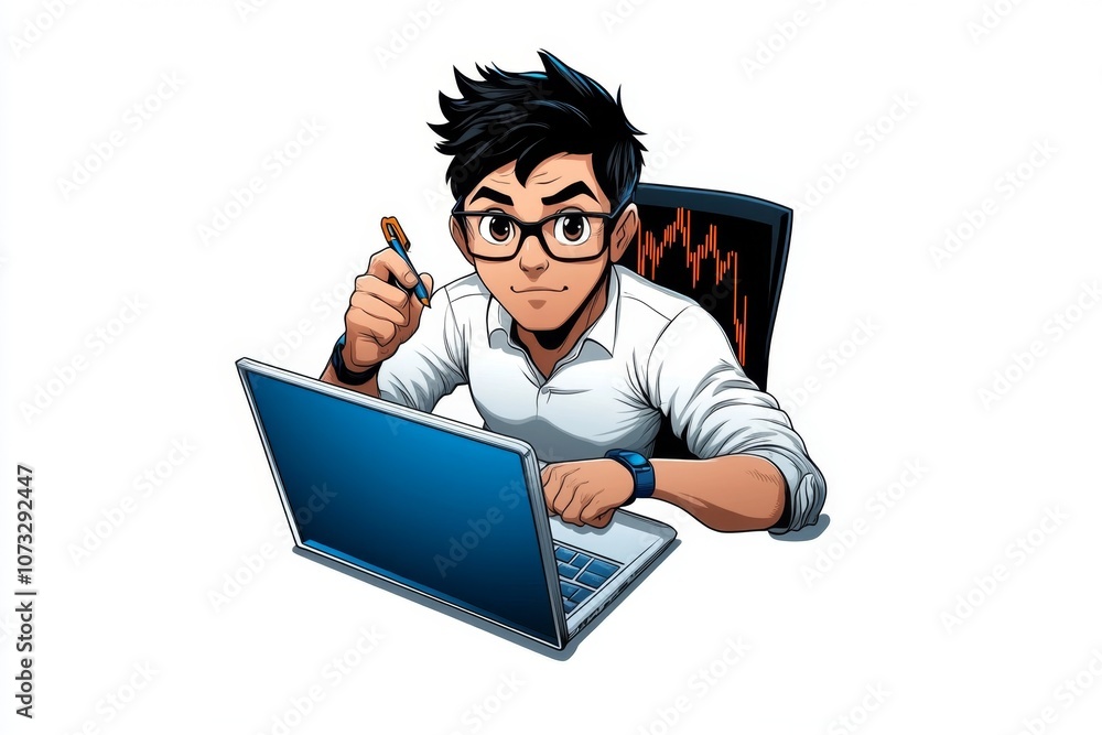 Poster a simple 2d drawing of a data analyst at a desk, looking at a laptop with charts on a white backgrou