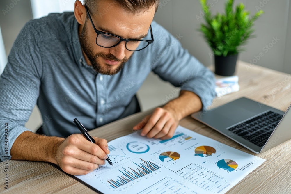 Poster a simple 2d drawing of a data analyst at a desk, looking at a laptop with charts on a white backgrou