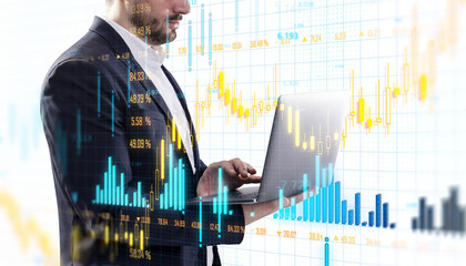 Businessperson in a suit using a laptop with stock market graphs and data overlay on a bright white background, concept of finance. 3D Rendering.