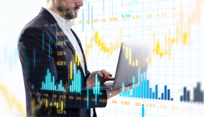 Businessperson in a suit using a laptop with stock market graphs and data overlay on a bright white background, concept of finance. 3D Rendering.